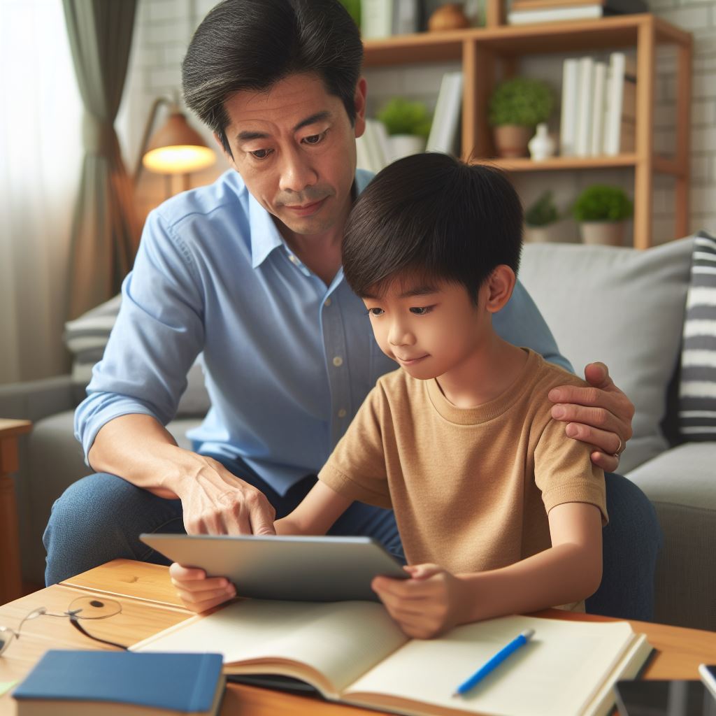 A man and a child looking at a tablet