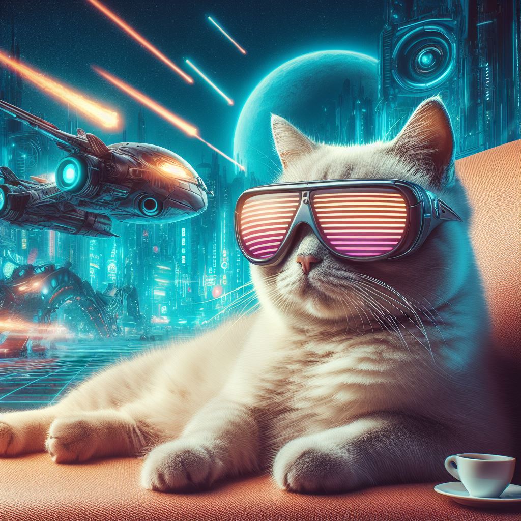 AI generated cat wearing shades with flying cars