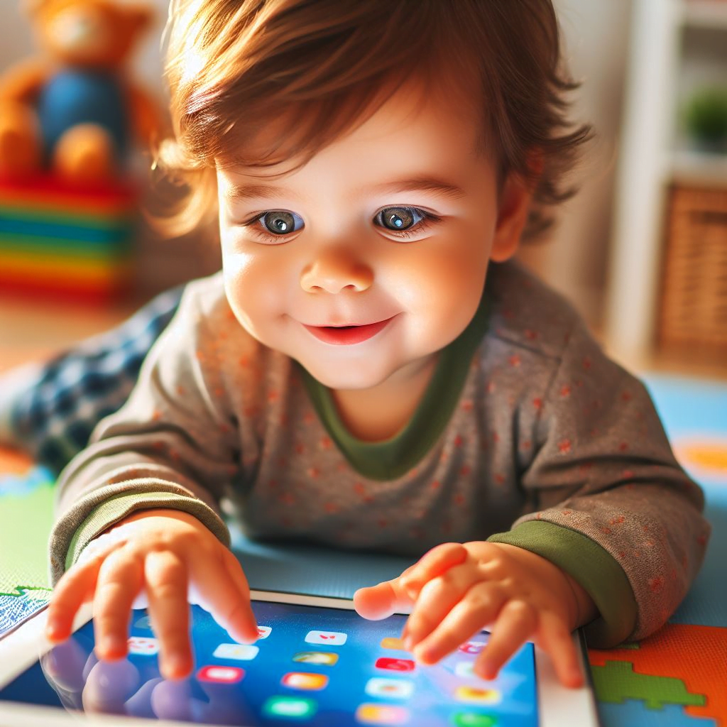 AI generated image of a toddler playing on an ipad