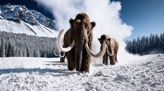 Wooly mammoths walking in snow AI generated