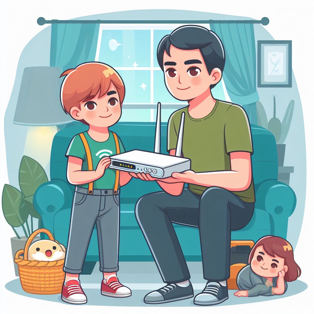 A cartoon of a man and a child holding an internet router