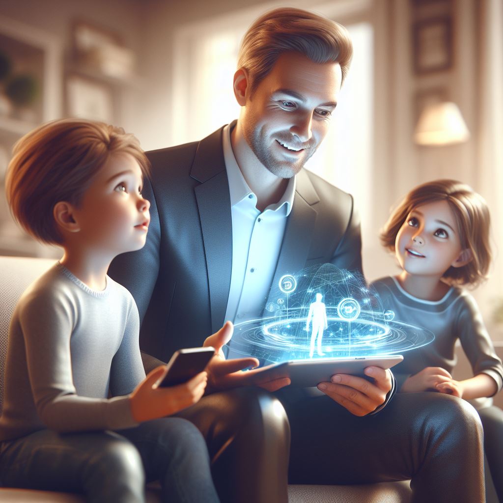 A dad with two kids holding a holographic tablet