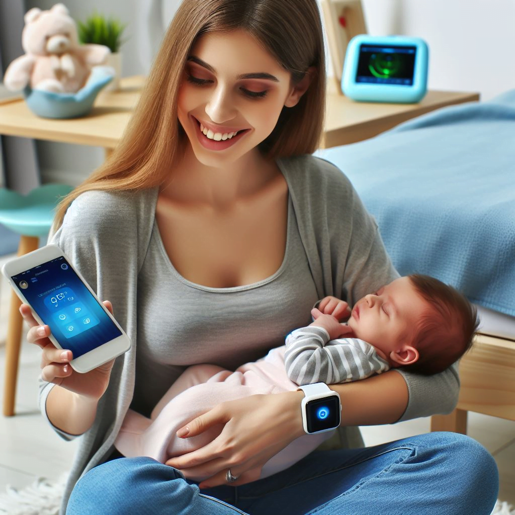 A woman holding a newborn and a phone - generated with AI