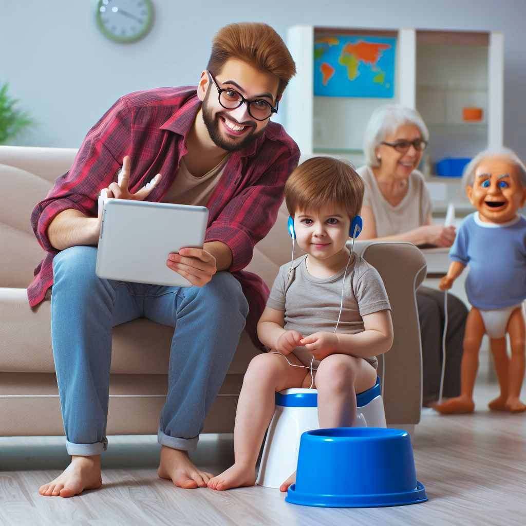 AI generated image of a father with a tablet and a boy on a potty