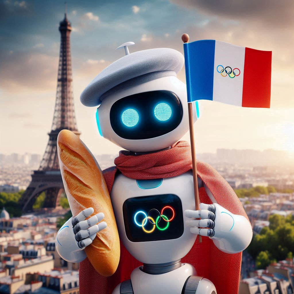 AI generated image of a robot holding a Paris Olympic flag