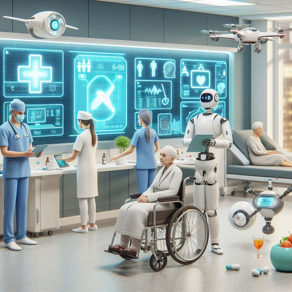 Image of a robot pushing a man in a wheelchair in front of a futuristic wall of AI generated content