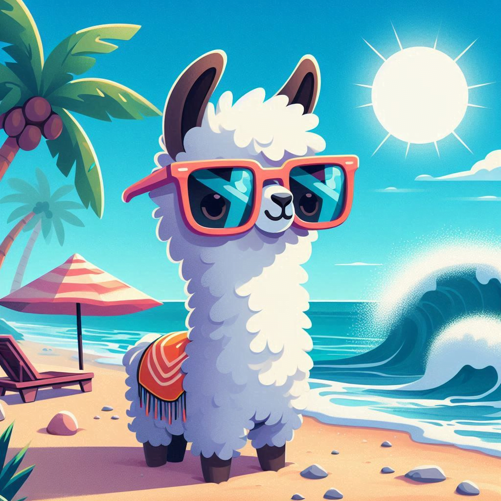 AI generated image of a llama with sunglasses cartoon style