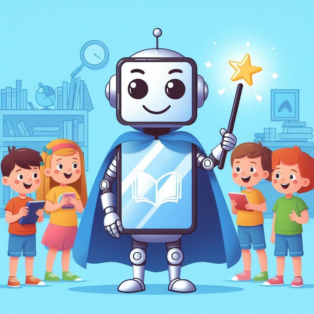 AI for parental control - AI generated image of a robot holding a wand with kids beside